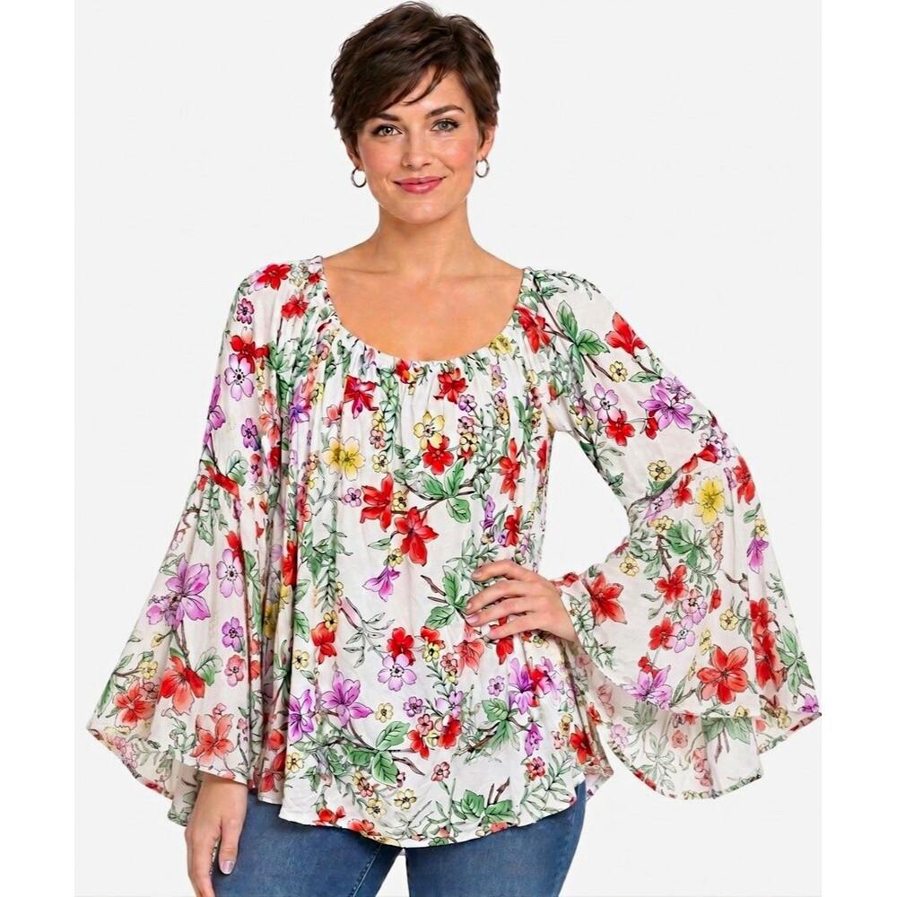 Chelsea Theodore Womens Blouse 2X Plus White Floral Scoop Neck 3/4 Bell Slv